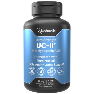Naturalis UC-II 40 mg with Hyaluronic Acid and Shea Nut Oil Enhanced Undenatured Type II Collagen for Better Joint Health, Mobility Flexibility Gluten-Free Non-GMO 120 Softgels