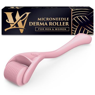 Derma Roller for Skin, Hair Beard - Women and Men Titanium Microneedling Roller for Face Scalp, Safe Easy to Use - Pink