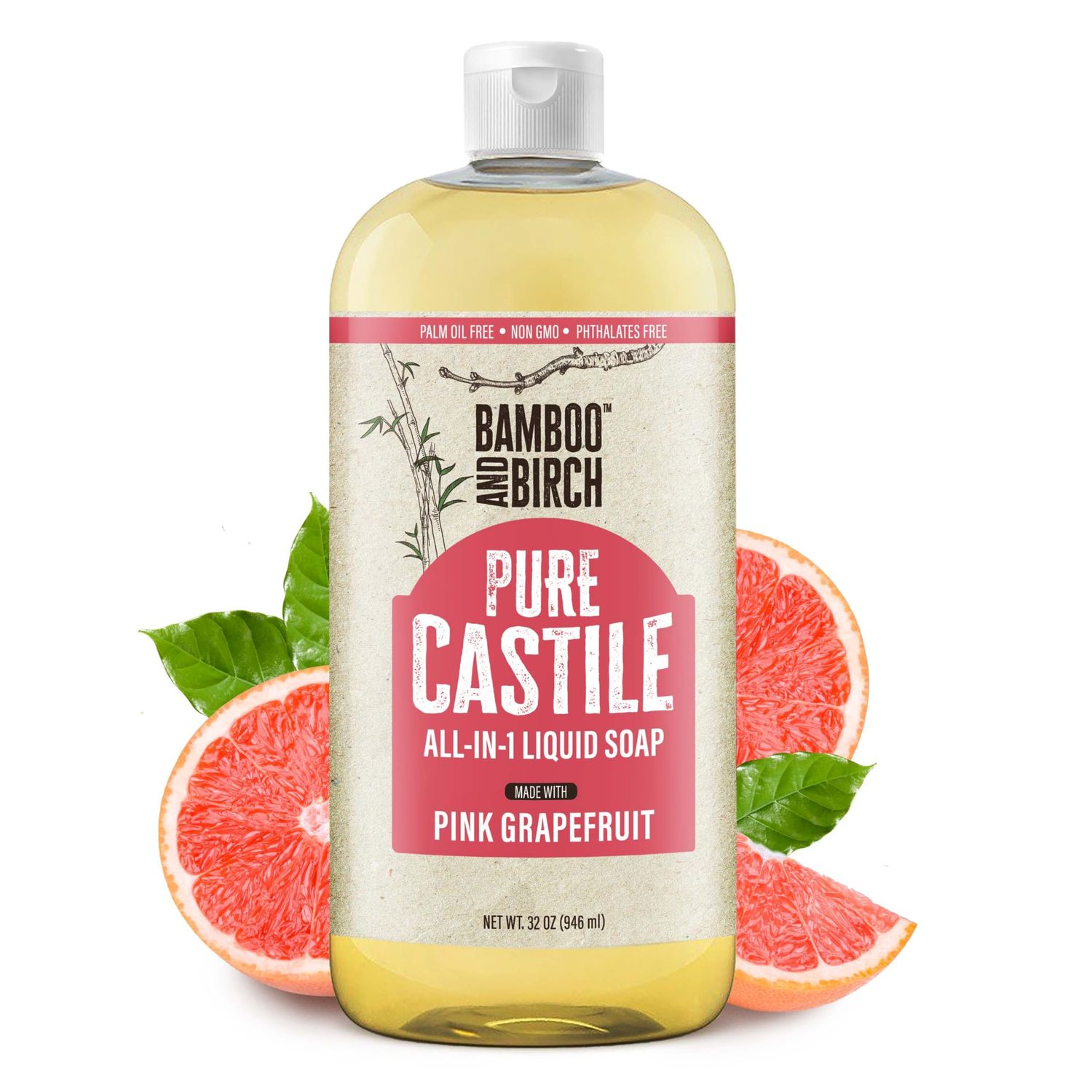 BAMBOO AND BIRCH Pure Castile Soap Liquid Organic, Certified Palm Oil Free Natural Soap, Citrus Grapefruit, 32 oz
