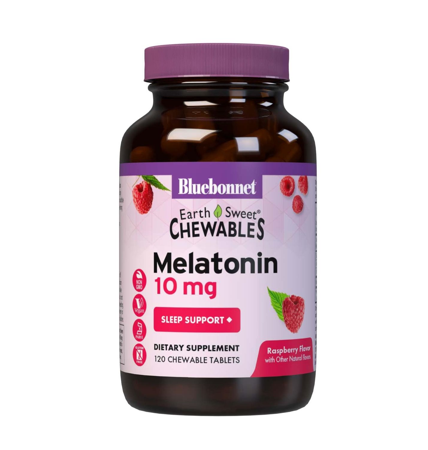 BlueBonnet Nutrition EarthSweet Melatonin 10 mg Fast-Acting Quick Dissolve Nighttime Relaxation Restful Sleep Support - Sleep Aid - Gluten-Free, Vegan - Raspberry Flavor - 120 Chewable Tablets