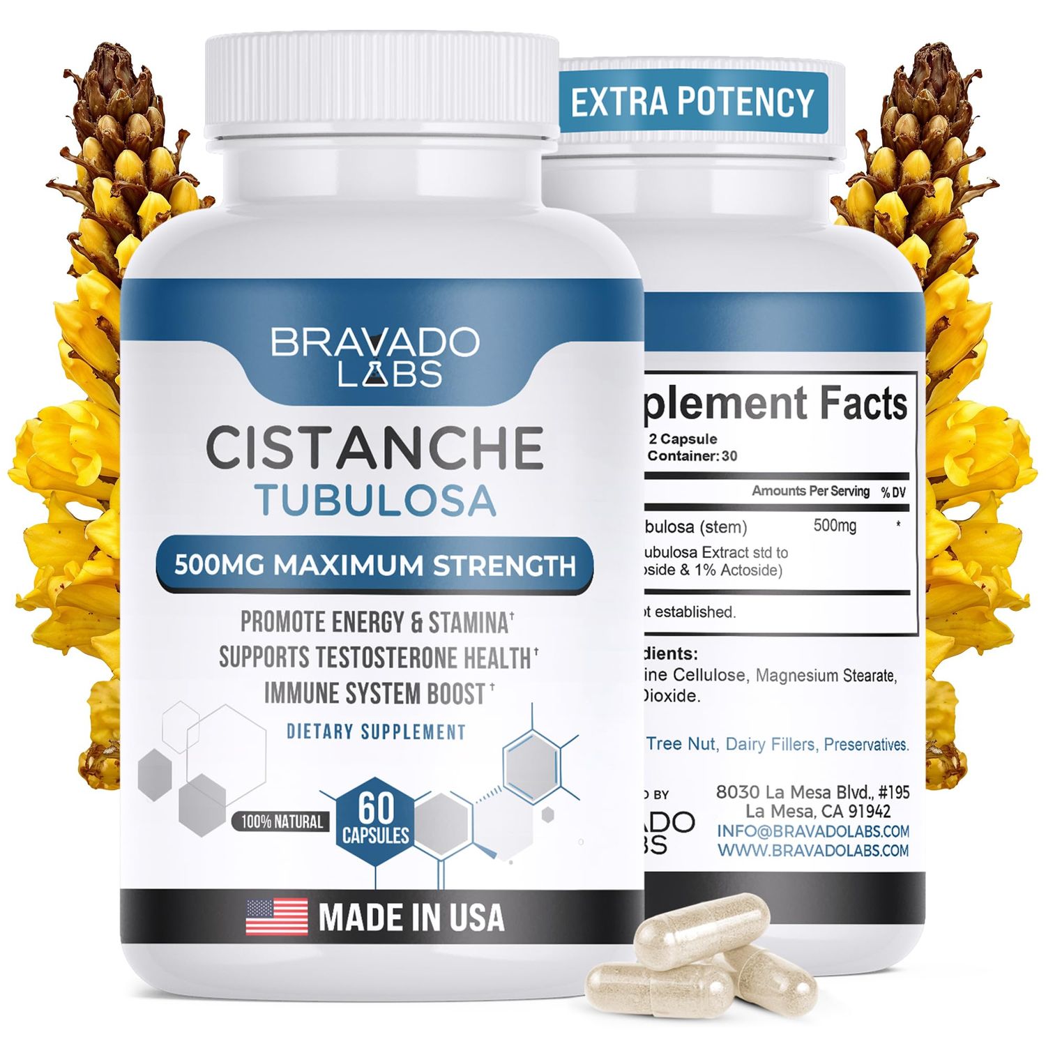 Bravado Labs Cistanche Tubulosa Supplement Men 500 mg - Testosterone Booster for Men - Promotes Strength, Mood, Energy, Focus, Hormone Support - Cistanche Tubulosa Extract Powder - 60 ct