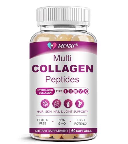 Multi Collagen Peptides Softgel for Women Men - Type I, II, III, V, X - Hydrolyzed Collagen Peptides with Biotin, Vitamin C Hyaluronic Acid - Support Skin, Hair, Nail Joint - Non-GMO, 60 Softgel