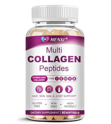 Multi Collagen Peptides Softgel for Women Men - Type I, II, III, V, X - Hydrolyzed Collagen Peptides with Biotin, Vitamin C Hyaluronic Acid - Support Skin, Hair, Nail Joint - Non-GMO, 60 Softgel