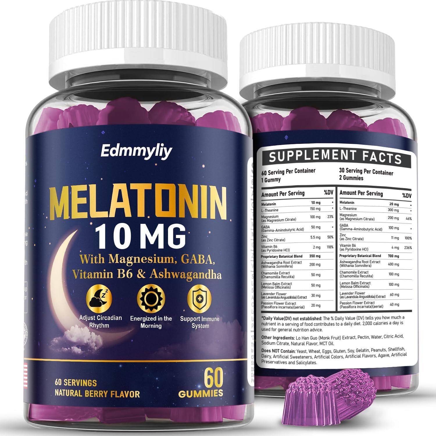 Melatonin 10mg 20mg Gummies for Adults - 10mg of Melatonin Per Gummy with Magnesium, L-Theanine, GABA, Vitamin B6 Ashwagandha - Supports Health Circadian Rhythm, Sugar Free Vegan