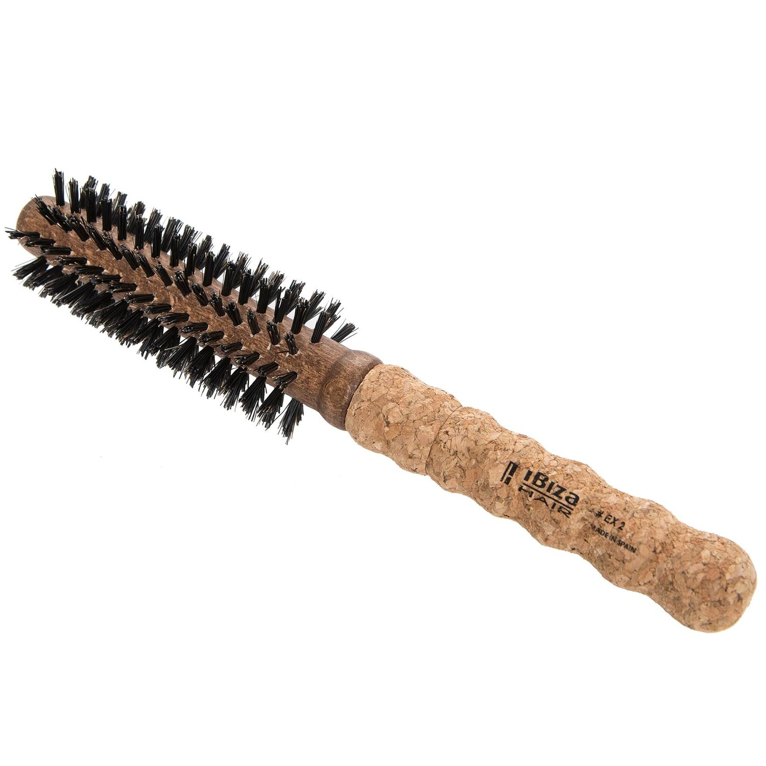 Ibiza Hair Round Boar Bristle Brush (EX2-40mm) Lightweight with Reinforced Bristles Cork Handle Ideal for Bangs Hairlines Adds Texture Shine for Short to Medium Styles