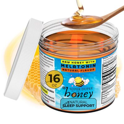 SUPER DUPER HONEY Calming Honey with 10mg Melatonin per Serving - Night Time Relaxation for Adults - Pure, Raw, Unfiltered Natural Formulation - Original Flavor - Made in USA - 1 Pound Jar