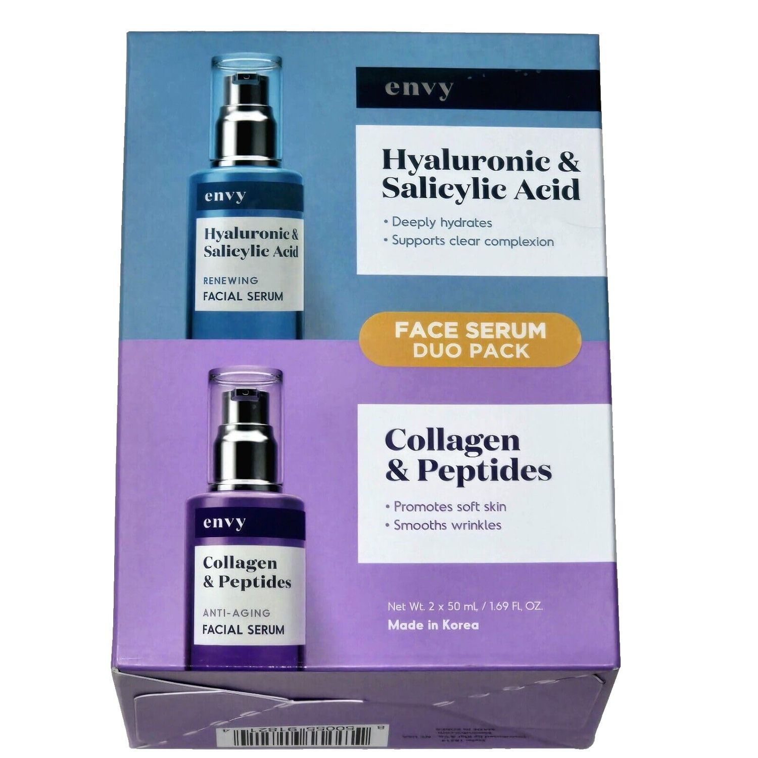 Envy Face Serum Duo Pack Hyaluronic Salicylic Acid 1.69 fl oz and Collagen Peptides 1.69 fl oz