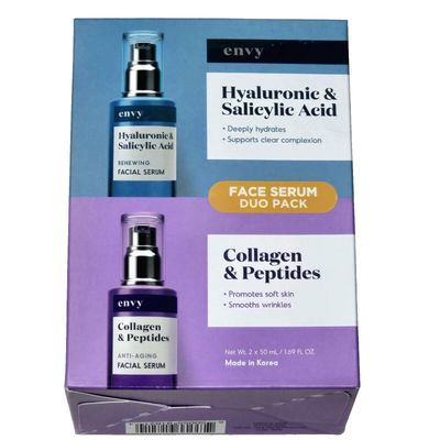 Envy Face Serum Duo Pack Hyaluronic Salicylic Acid 1.69 fl oz and Collagen Peptides 1.69 fl oz