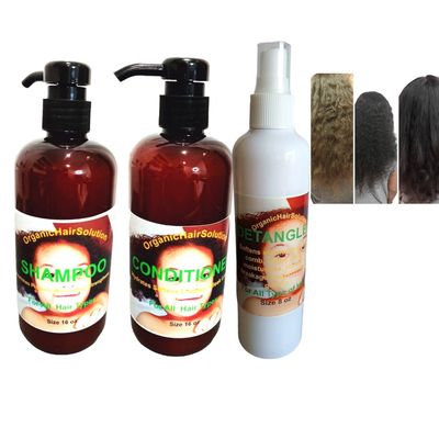 Organic Hair Solution-KIDS Hair Growth Set-Shampoo-Conditioner Hair Detangler Spray With Rosemary-peppermint Avocado-Tea Tree- Rice Water-Castor-SulfateParaben Free- For All Hair Types(pack of 3)