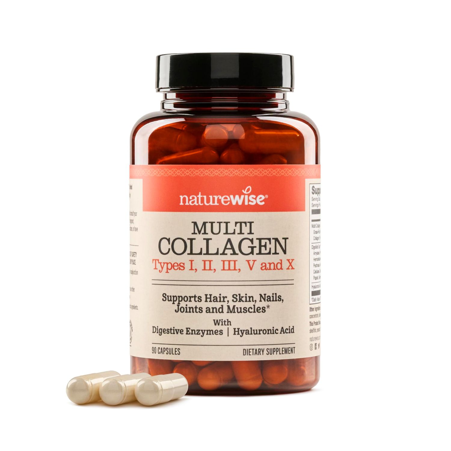 NatureWise Multi Collagen Peptides Pills for Women Men - Type I, II, III, V, X wHyaluronic Acid - Supports Skin, Hair, Joint Health - Grass Fed, Gluten Free, Non-GMO - 90 Capsules30 Day Supply