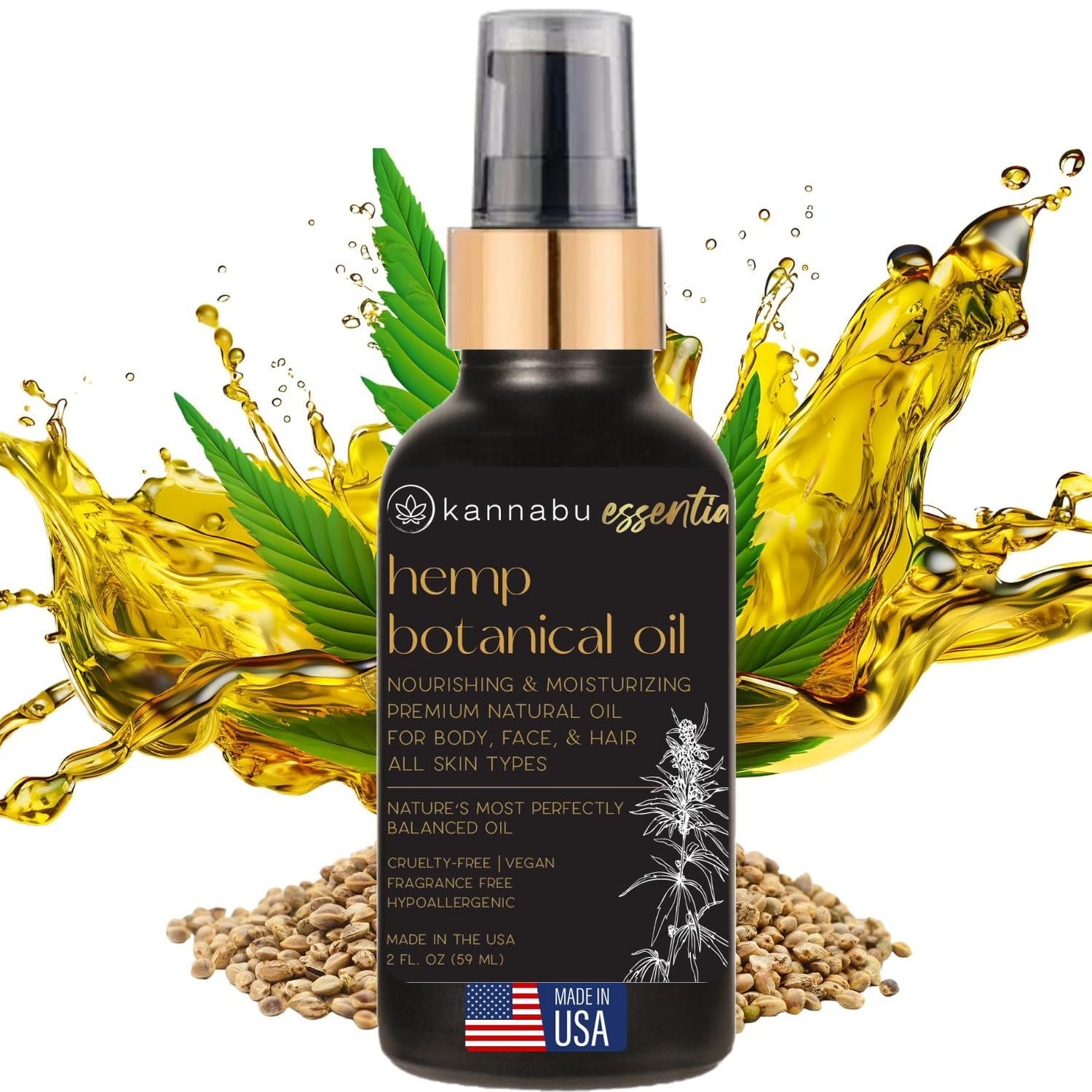 Kannabu Essentia Hemp Botanical Oil for Skin, Hair, Nails Body All Natural Vitamin E Pure Omegas Cold-Pressed Hemp Seeds Vegan Non-GMO Cruelty-Free (2 Fl Oz - Pack of 1)