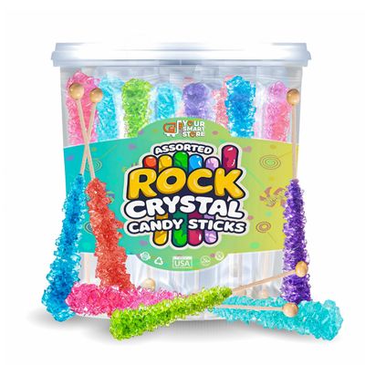 36 Large Assorted Rock Crystal Candy Sticks - Assorted Crystalline Rock Candies Stick Individually Wrapped in 6 Flavors in Deli Container Bucket, Crystals Rocky Stick Lollipops, 36 Candy Sticks Bucket