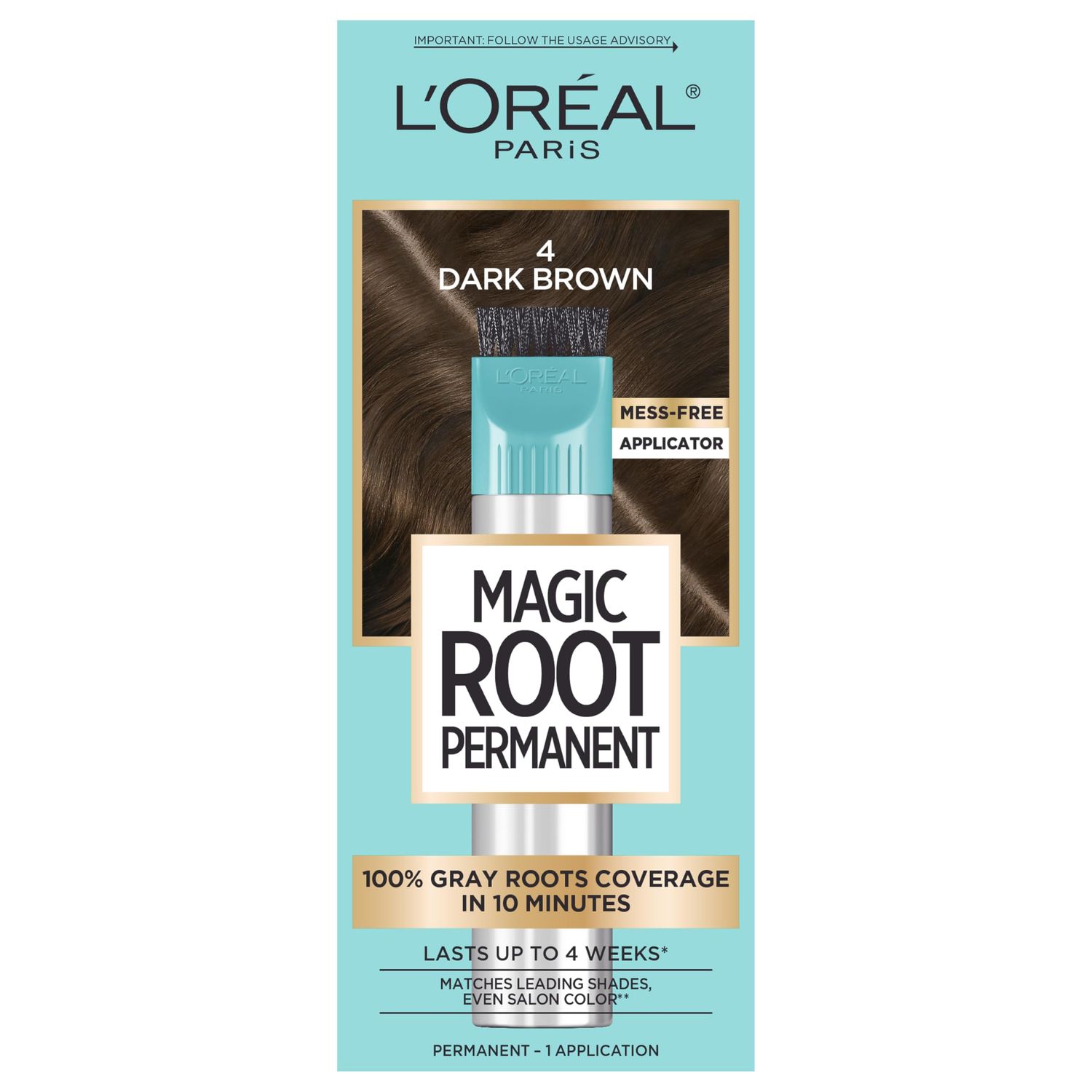L&#39;Oreal Paris Magic Root Rescue 10 Minute Root Hair Coloring Kit, Permanent Color with Quick Precision Applicator, 100 percent Gray Coverage, 4 Dark Brown, 1 kit (Packaging May Vary)
