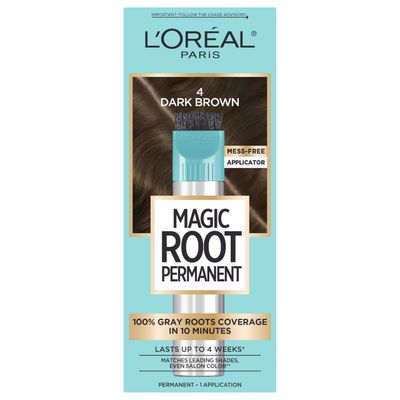 L&#39;Oreal Paris Magic Root Rescue 10 Minute Root Hair Coloring Kit, Permanent Color with Quick Precision Applicator, 100 percent Gray Coverage, 4 Dark Brown, 1 kit (Packaging May Vary)