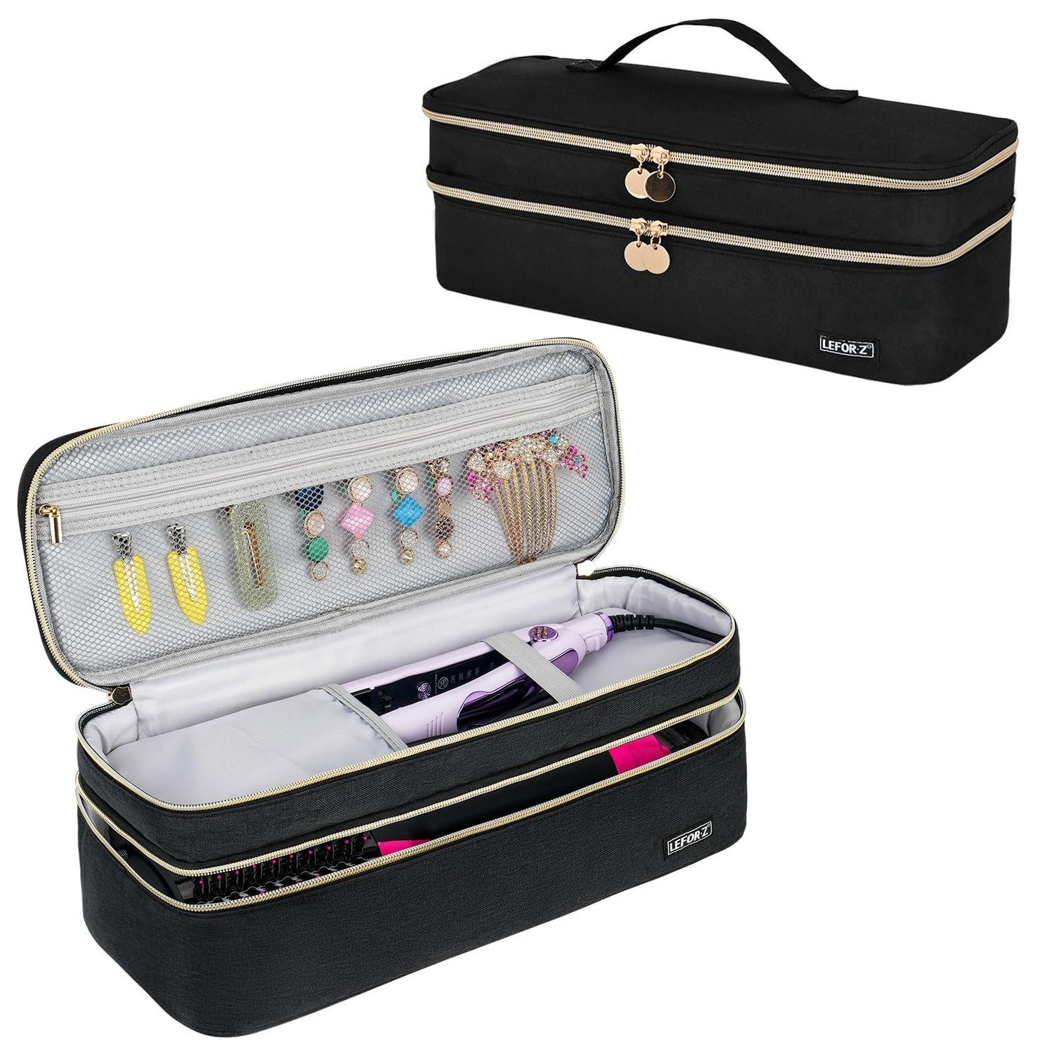 Travel Carrying Case Compatible with Revlon One-Step Hair Dryer BrushVolumizerStylerHot Tools,Double-Layer Storage Organizer Bag Compatible for Shark FlexStyleDyson Airwrap Styler,Black(Bag Only)