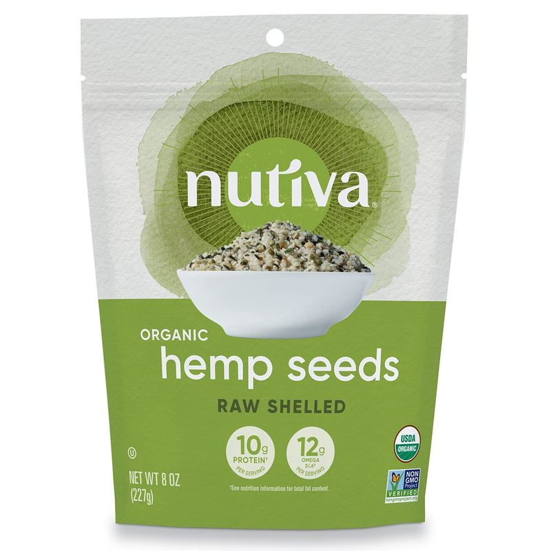 Nutiva Organic Raw Shelled Hemp Seed, USDA, Non-GMO, Non-BPA, Whole 30 Approved, Vegan, Gluten-Free Keto, 10g Protein and 12g Omegas per Serving for Salads, Smoothies More, Nutty flavor, 8 Ounce