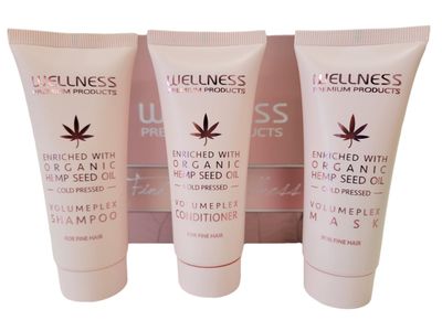 Wellness Premium Products Volumeplex Travel Set, Organic Hemp Seed Oil Shampoo, Conditioner Hair Mask for Fine Hair, Volumizing Nourishing, 50ml
