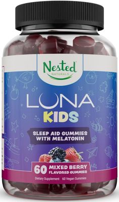Nested Naturals Luna Kids Sleep Gummies - Non-Habit Forming Kids Melatonin Gummy with Valerian Root, Chamomile, and Lemon Balm - Children&#39;s Melatonin Sleep Aid - Mixed Berry, 60 Vegan Gummies