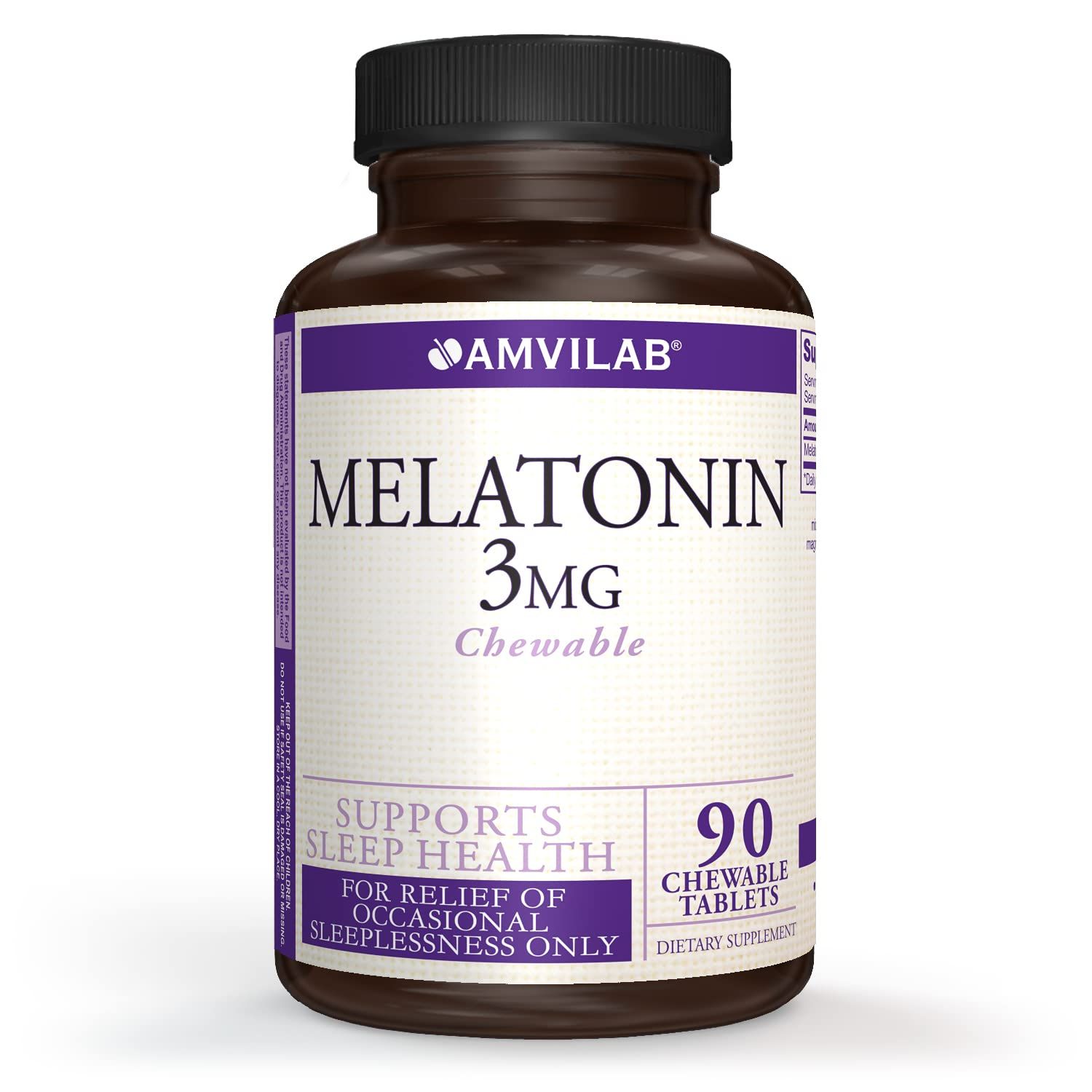 AMVILAB Melatonin 3mg Fast Dissolve Tablets - Natural Sleep Support - Maximum Strength Chewables - Berry Flavor - 90 Count - Non-GMO, Vegan, Gluten-Free