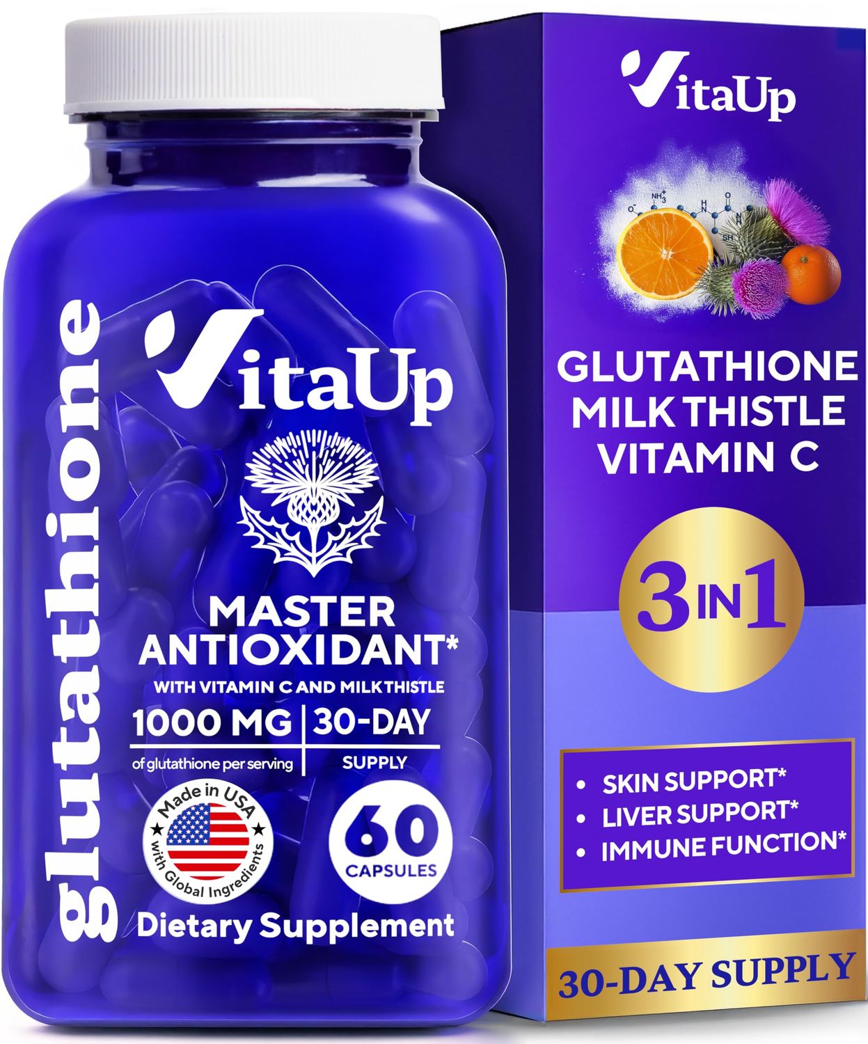 VitaUp Reduced Glutathione Supplement 1000mg - USA Made Glutathione Capsules with Vitamin C Milk Thistle for Liver Care, Skin Support Immune Well-Being - 60 Count