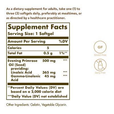 Solgar Evening Primrose Oil 500 mg, 180 Softgels - Promotes Healthy Skin Cardiovascular Health - Nutritional Support for Women - Gluten Free, Dairy Free - 180 Servings
