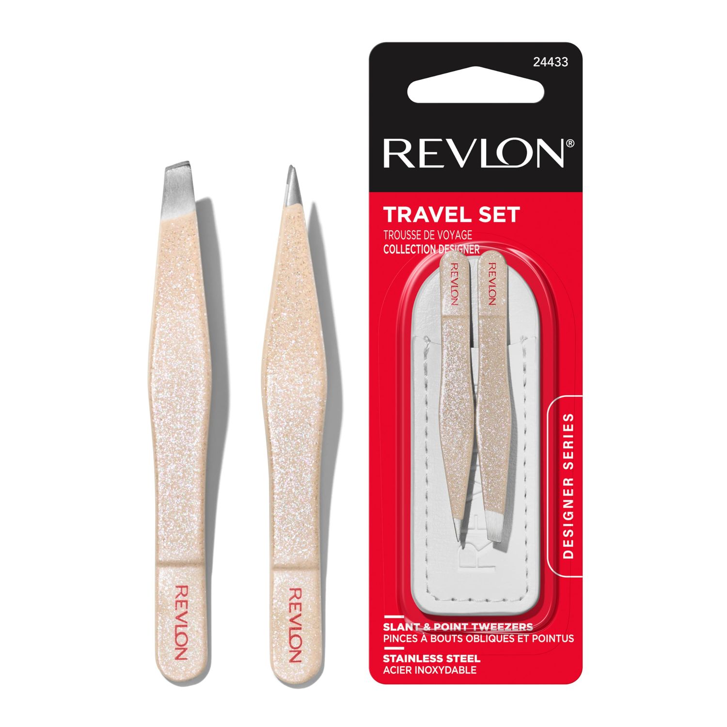 Revlon Designer Series Mini Tweezer Set, Hair Removal Tool Kit with Slant Point Tips, Portable and Easy to Use, Made with Long Lasting Stainless Steel, 1 Count