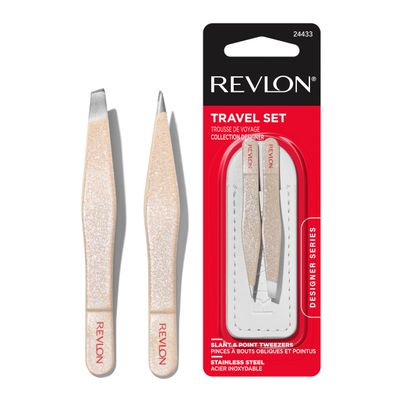 Revlon Designer Series Mini Tweezer Set, Hair Removal Tool Kit with Slant Point Tips, Portable and Easy to Use, Made with Long Lasting Stainless Steel, 1 Count