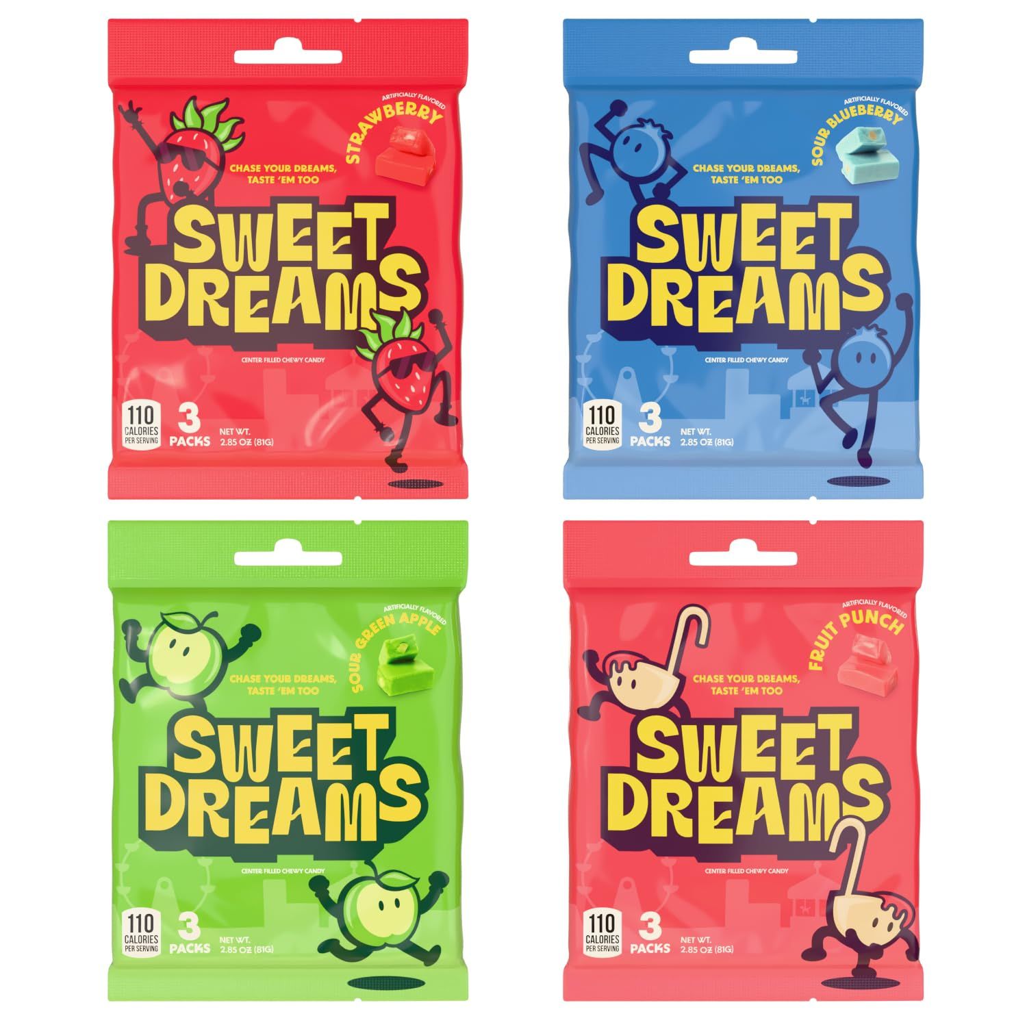 Sweet Dreams Center Filled Chewy Candy Flavored Fruit Chews Everyday Sweet and Sour Mix Birthday treats, Party Favors Holiday Goodies 4 Assorted Candies Variety Pack 3 Sticks Per Bag