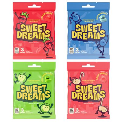 Sweet Dreams Center Filled Chewy Candy Flavored Fruit Chews Everyday Sweet and Sour Mix Birthday treats, Party Favors Holiday Goodies 4 Assorted Candies Variety Pack 3 Sticks Per Bag