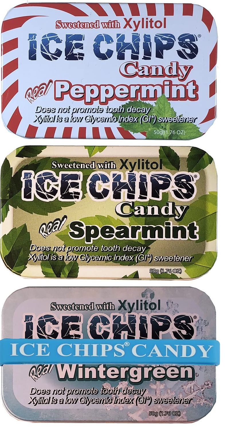 ICE CHIPS Xylitol Candy 6 Tins (Minty Pack); Low Carb, Gluten Free - includes BAND as shown