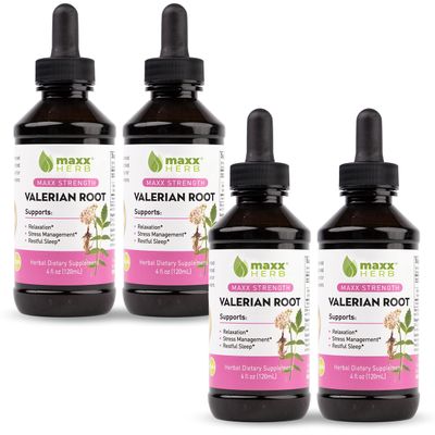 Maxx Herb Valerian Root Extract - Max Strength, Liquid Valerian Root Absorbs Better Than Capsules, for Relaxation and Restful Sleep, Alcohol-Free - 4 Bottles, 4 Oz Each (240 Servings)