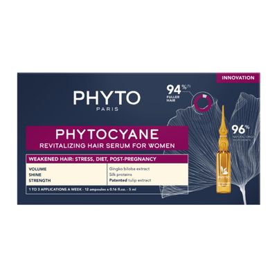 PHYTOCYANE Women Revitalizing Treatment for Reactional Hair Thinning, Stress, Fatigue, Diet, Pregnancy, Hair Thinning Postpartum 12 Vials x 0.169 fl.oz. (1 month Supply)