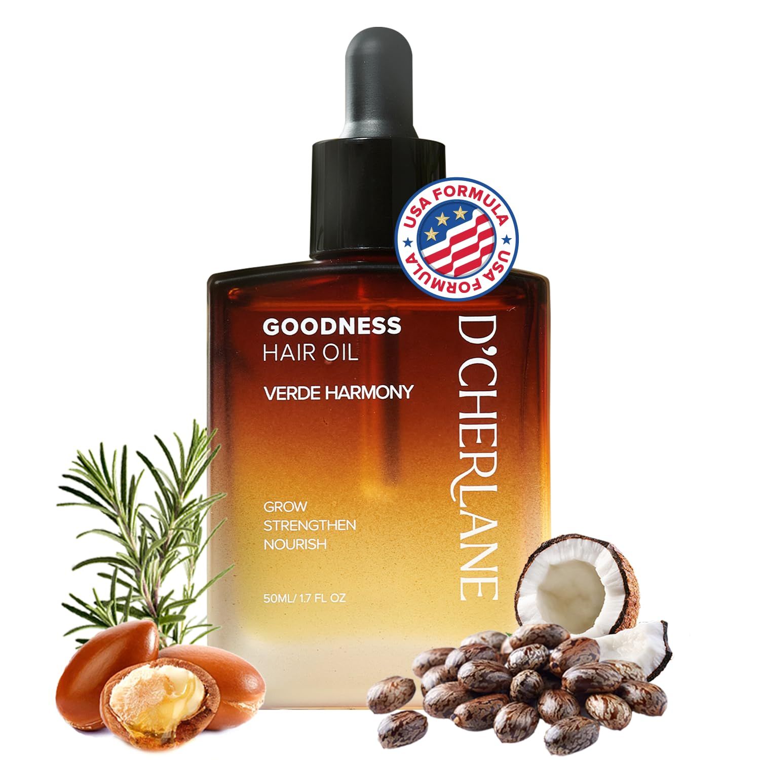 D&#39;Cherlane Goodness Hair Oil - Hair Growth Deep Scalp Treatment with Rosemary, Argan, Castor, Coconut Oils For All Hair Types - Verde Harmony Edition,1.7 fl oz