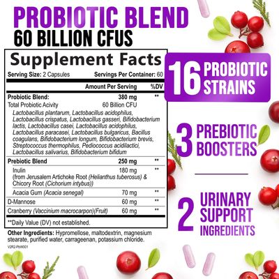 Probiotics for Women 60 Billion CFU - 16 Strains, Digestive Health, Vaginal pH Immune Support, Prebiotics Cranberry, Gut Health Urinary Support, Shelf Stable Women's Probiotic - 120 Capsules