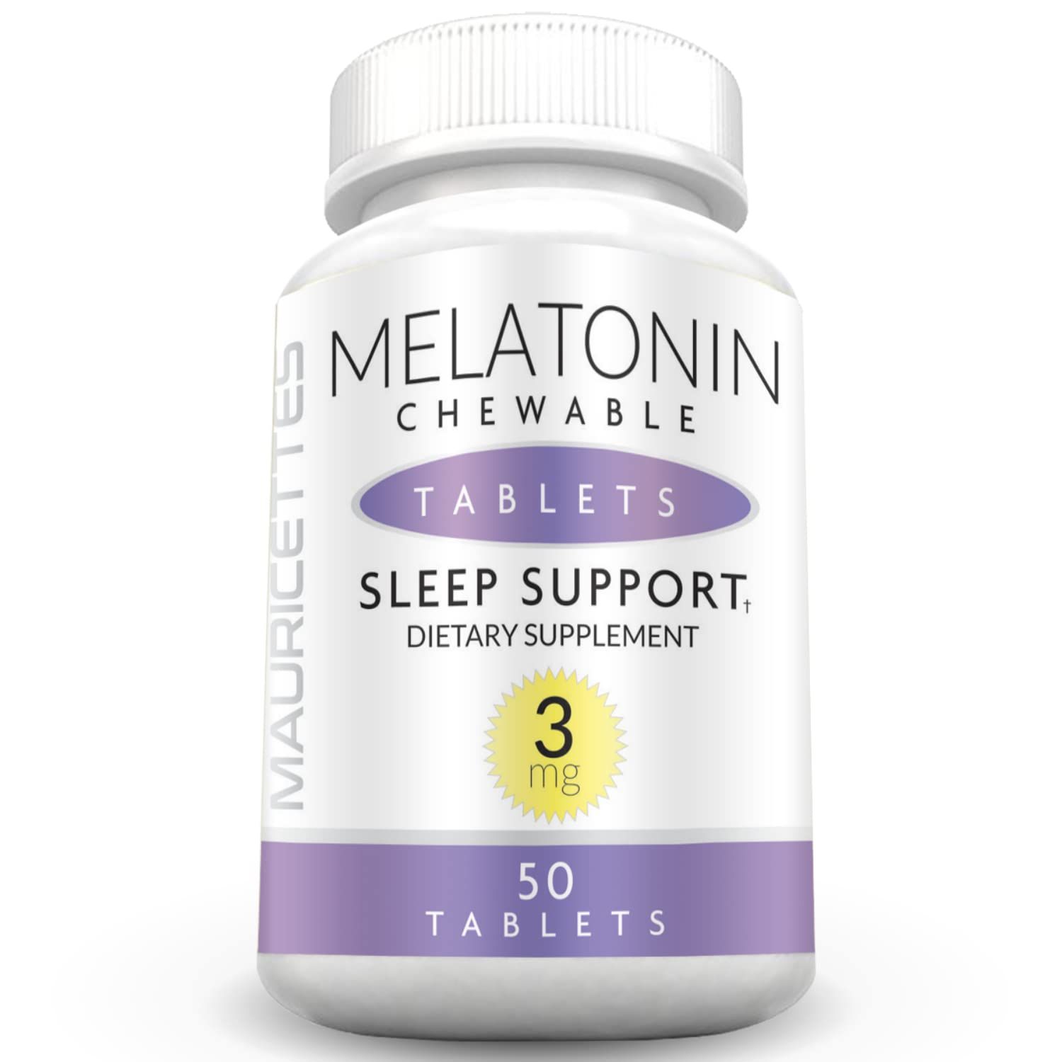 Mauricettes Natural Melatonin 3mg Chewable Tablets - Fast Acting 3 mg Sleeping Pills for Kids, Teens, and Adults, Unflavored, Non Addictive, Dissolvable Sleep Support Aid, 50 Chewables