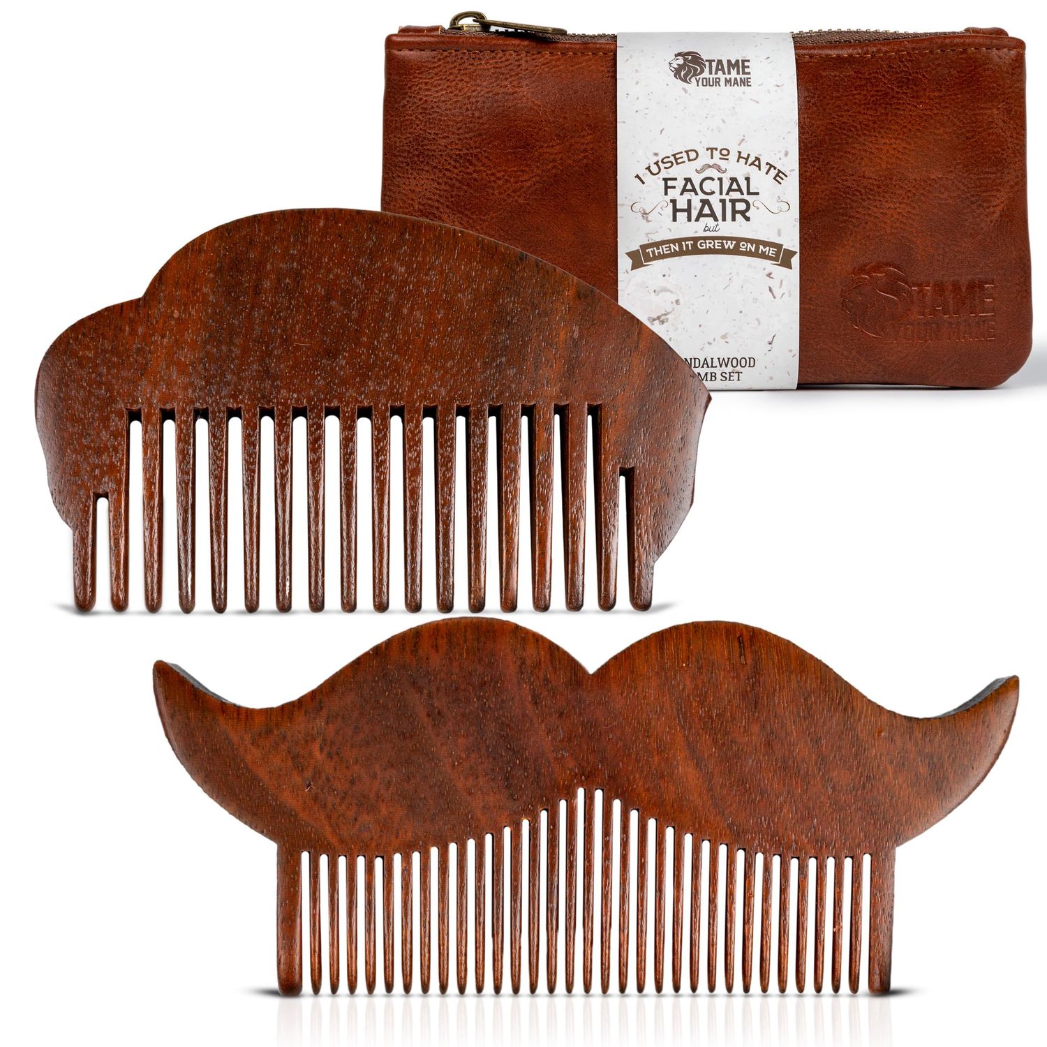 2-Piece Prazoli Mens Sandalwood Mustache, Beard Hair Comb - Funny, Unique Cool Gifts Ideas for Husband, Boyfriend, Dad Man Anniversary Fine Tooth Hair Care Grooming Set Kit Mini Small Pocket