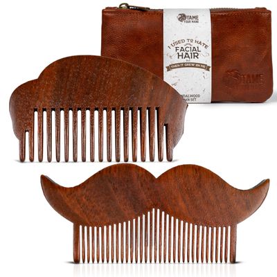 2-Piece Prazoli Mens Sandalwood Mustache, Beard Hair Comb - Funny, Unique Cool Gifts Ideas for Husband, Boyfriend, Dad Man Anniversary Fine Tooth Hair Care Grooming Set Kit Mini Small Pocket