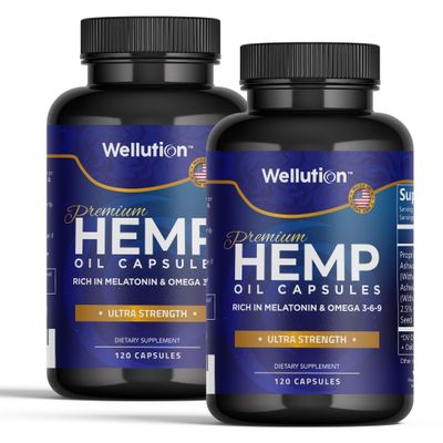 WELLUTION Hemp Oil Capsules with Ashwaganda and Melatonin (2-PK) Rich in Omega 3-6-9 - Supports Healthy Sleep, Stress, Mood - Feel Refreshed - Made in USA - 120 Count