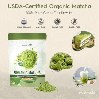 MatchAiA Premium Culinary Grade, USDA-Certified Organic Matcha, 100 Pure Green Tea Powder, Perfect for Lattes, Smoothies, Desserts and Baking, Sugar Free, Gluten Free (60g 2.1oz Pouch)