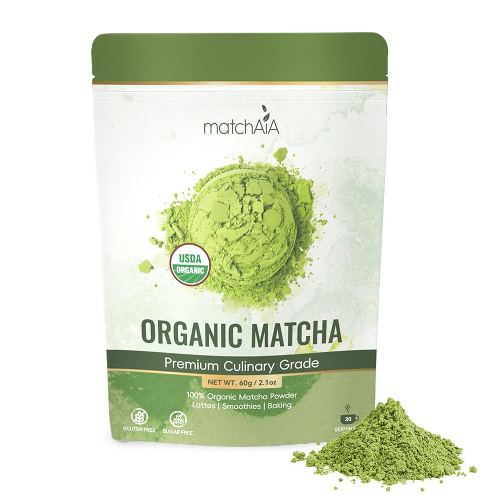 MatchAiA Premium Culinary Grade, USDA-Certified Organic Matcha, 100 Pure Green Tea Powder, Perfect for Lattes, Smoothies, Desserts and Baking, Sugar Free, Gluten Free (60g 2.1oz Pouch)