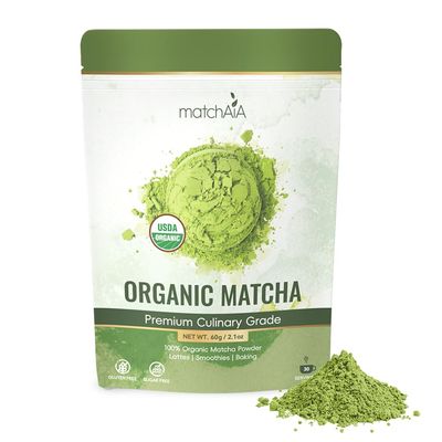MatchAiA Premium Culinary Grade, USDA-Certified Organic Matcha, 100 Pure Green Tea Powder, Perfect for Lattes, Smoothies, Desserts and Baking, Sugar Free, Gluten Free (60g 2.1oz Pouch)