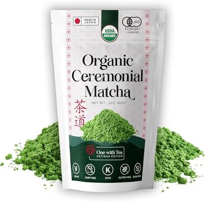 ONE WITH TEA Matcha Powder USDA ORGANIC Ceremonial Matcha, Hot or Iced, Smoothies Authentic Japanese Green Tea Powder, MADE IN JAPAN 2 OZ
