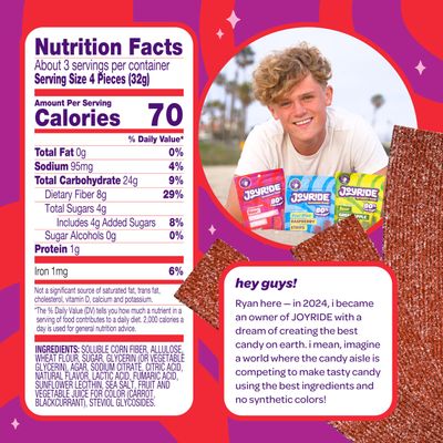 JOYRIDE Strawberry Sour Strips - 3.5 oz 6-Pack Bundle with 2.5oz Glacial Peppermint Gum, Low Sugar, Sour Belt Candy, Dye Free, Low Calorie Snacks, Healthy Candy (7 Items)