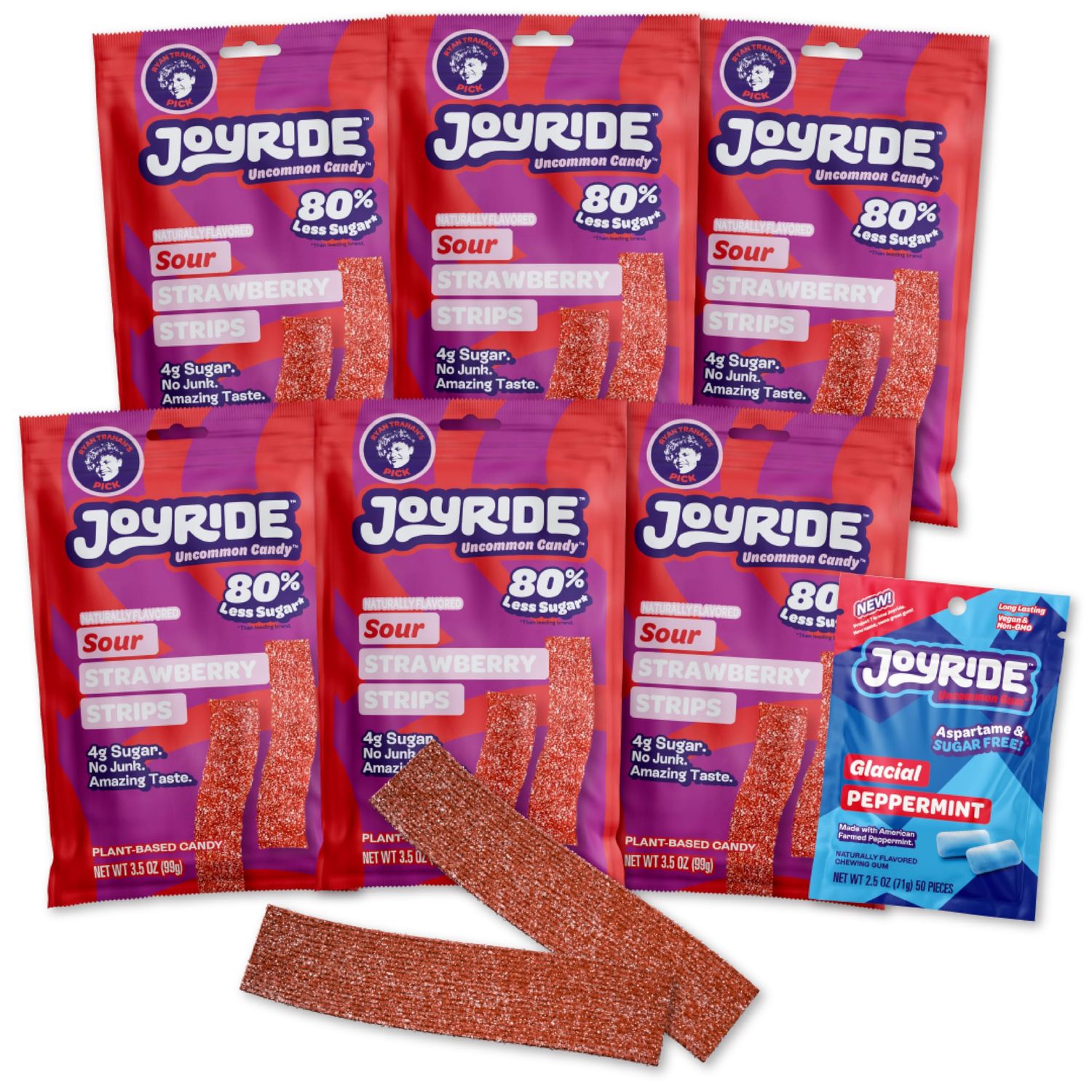 JOYRIDE Strawberry Sour Strips - 3.5 oz 6-Pack Bundle with 2.5oz Glacial Peppermint Gum, Low Sugar, Sour Belt Candy, Dye Free, Low Calorie Snacks, Healthy Candy (7 Items)