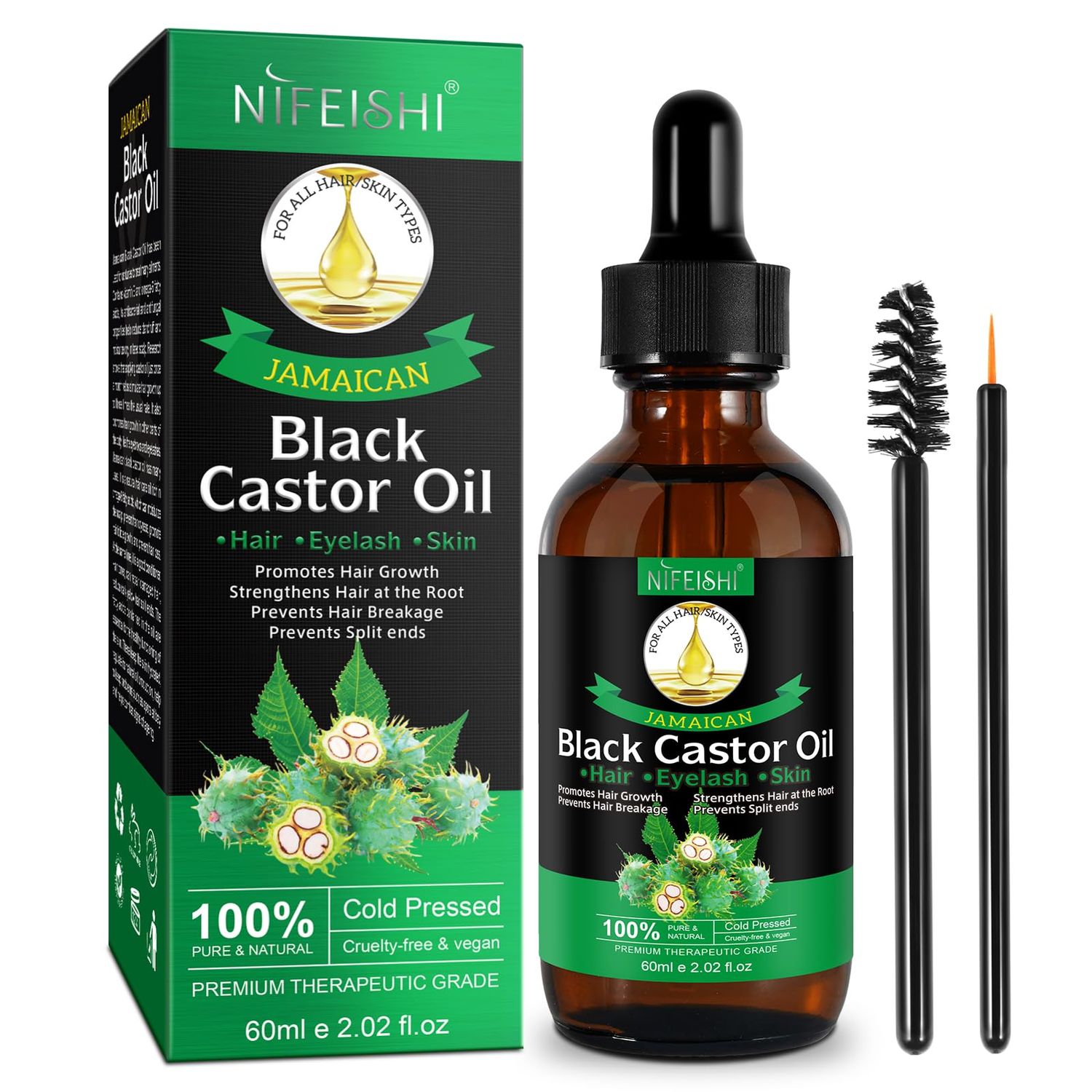 NIFEISHI Jamaican Black Castor Oil for Hair Growth, 100 Pure Natural Castor Oil Organic Cold Pressed Unrefined Body Oil, Skin Scalp Moisturizing Massage Oil 60ml