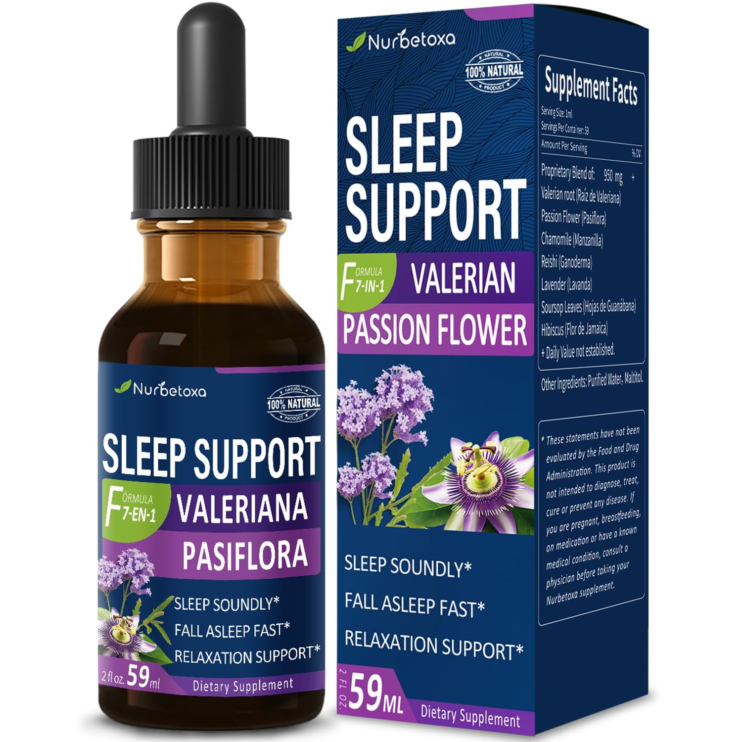 Nurbetoxa Valerian Sleep Support Drops, Gotas de Pasiflora y Valeriana y Lavanda para Dormir Profundamente rapido. Passion Flower Lavender Extract Liquid Tincture for Fast and Sound Sleep. 2oz