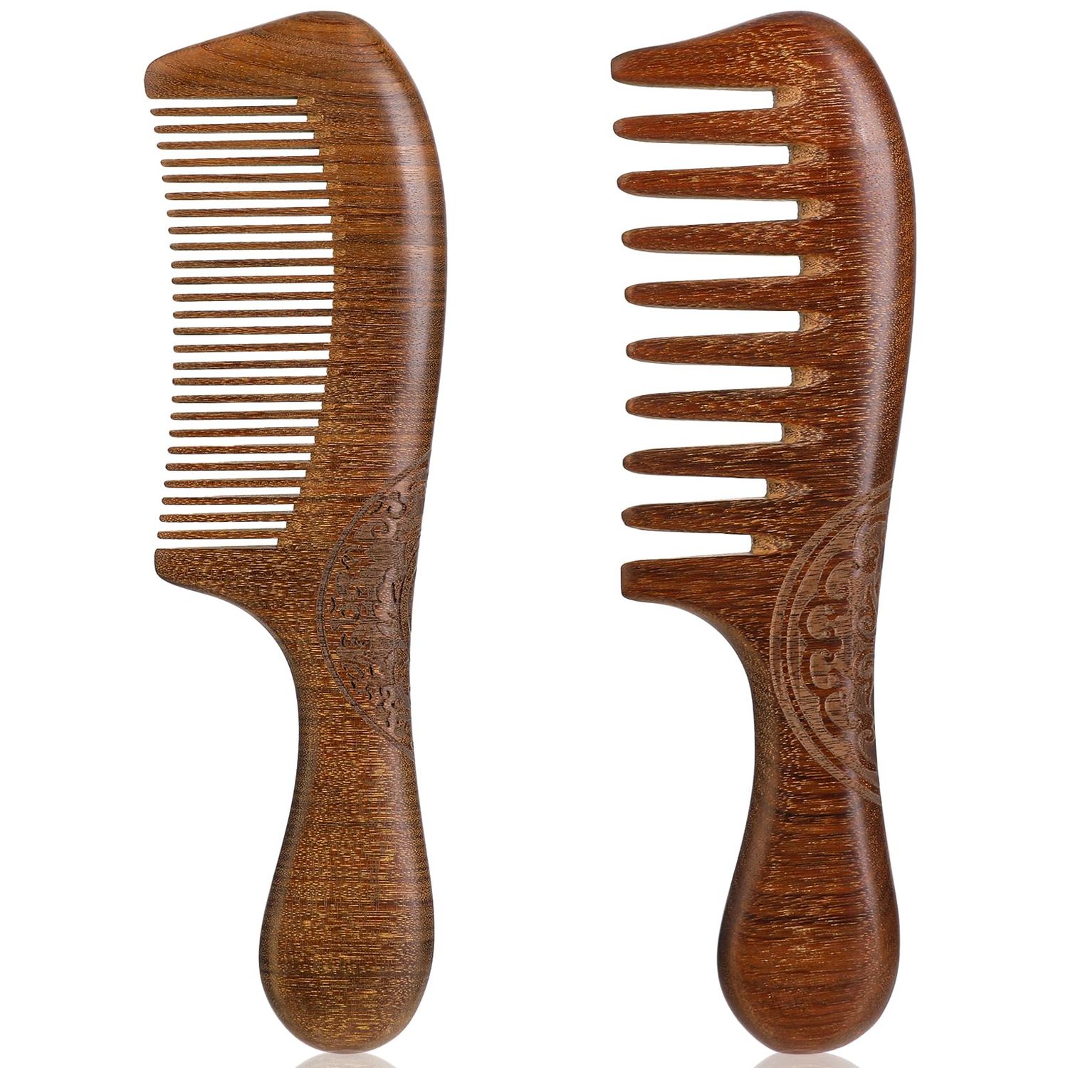 Wooden Comb for Women, 2 PCS Natural Green Sandalwood Wood Comb Anti-Static Detangling Wide Tooth Comb for Curls and Hand Made Fine Tooth Hair Comb for Men Hair Growth Straight Wet Dry Hair