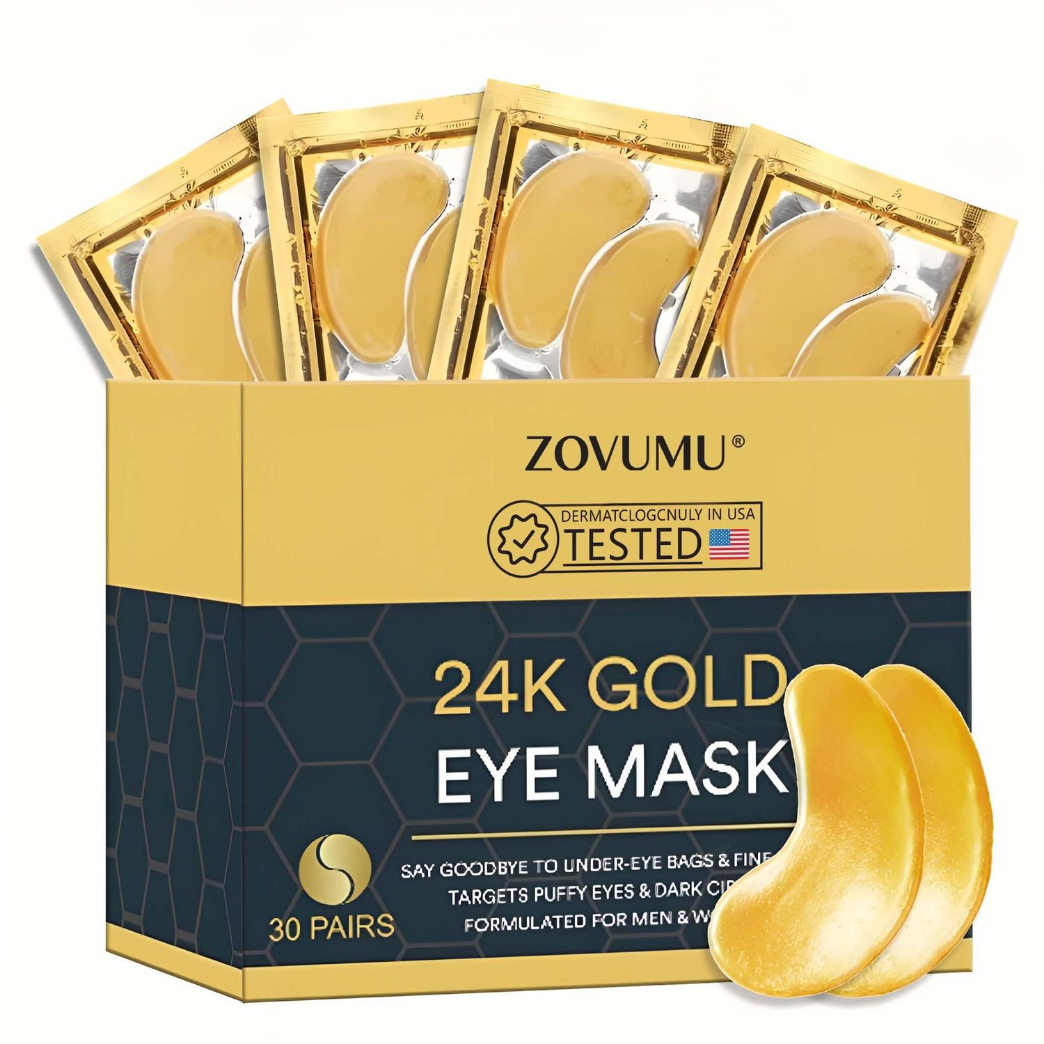 zovumu Under Eye Patches (30 Pairs) 24K Gold Skin Care Eye Mask - Puffy Eyes Dark Circles Treatments - Eye patches Pads With Collagen, Hyaluronic Acid Castor Oil, Skin Care for Men Women Gift