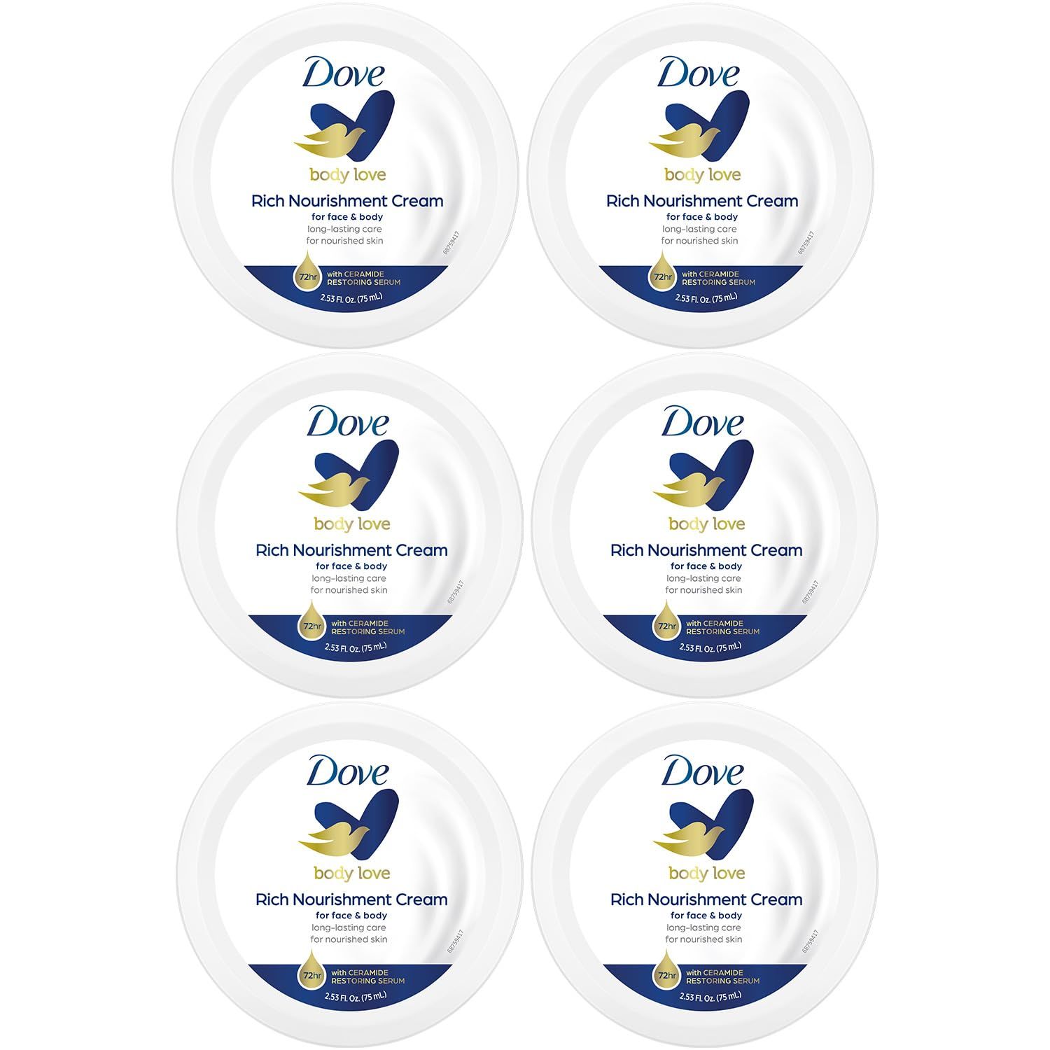 Dove Body Love Rich Nourishment Cream, Face, Hand Body Lotion for Extremely Dry Skin, Fast-Absorbing 72-Hour Moisturizing Cream with Ceramide Serum, Travel Size, 2.53 Oz (Pack of 6)