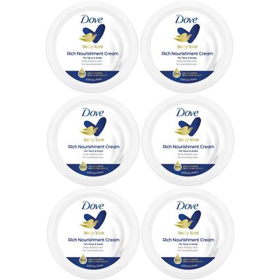 Dove Body Love Rich Nourishment Cream, Face, Hand Body Lotion for Extremely Dry Skin, Fast-Absorbing 72-Hour Moisturizing Cream with Ceramide Serum, Travel Size, 2.53 Oz (Pack of 6)